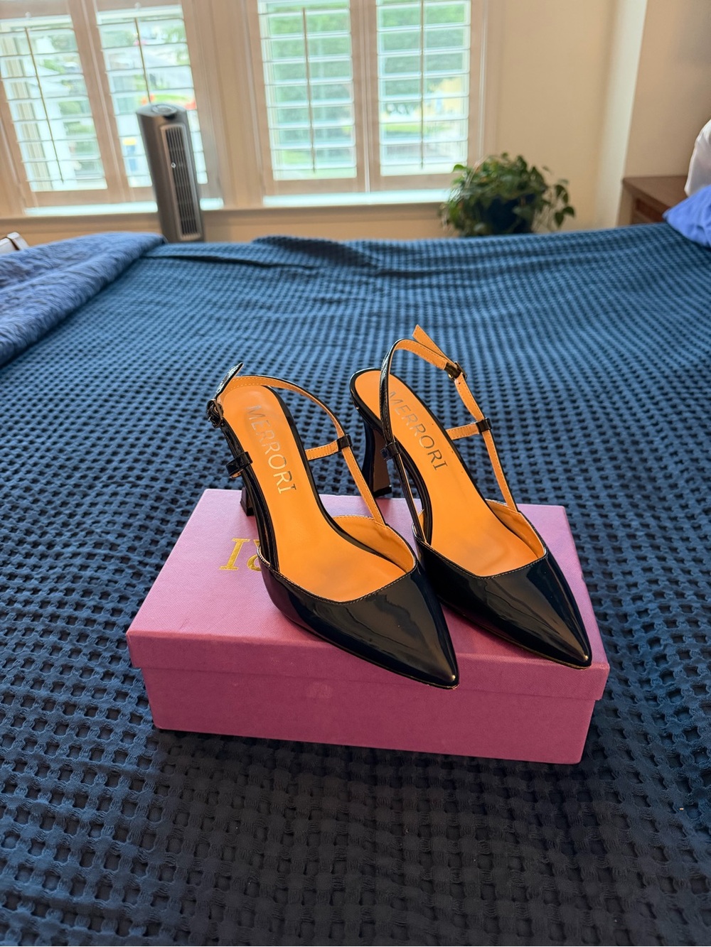 Navy Blue Patent Pointed Toe Slingback Pumps